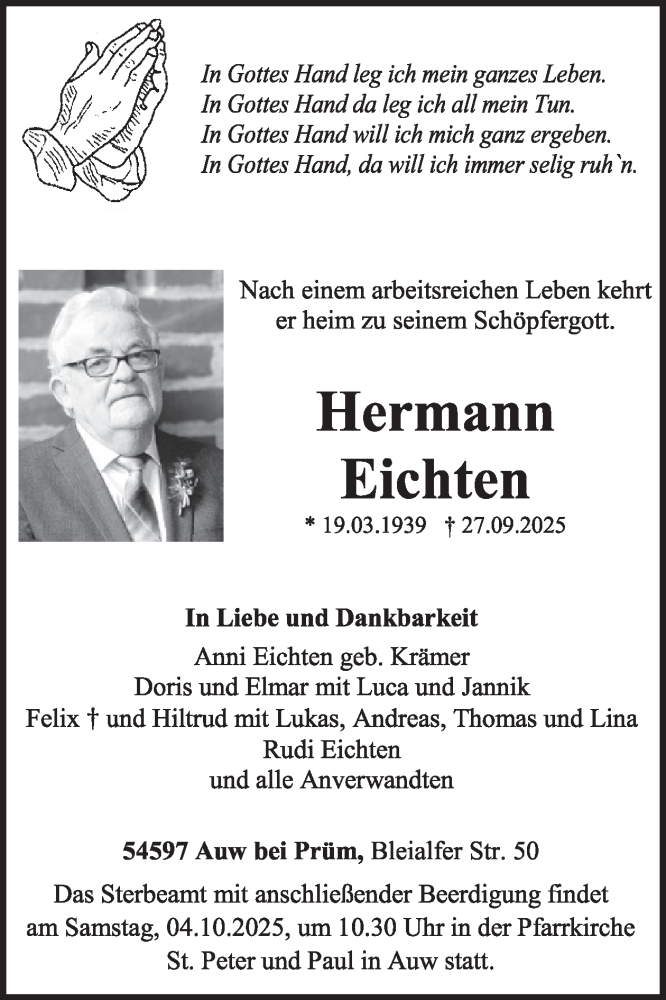  Traueranzeige für Hermann Eichten vom 04.10.2025 aus WochenSpiegel