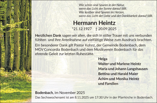 Traueranzeige von Hermann Heintz von WochenSpiegel