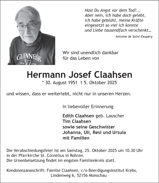 Traueranzeige von Hermann Josef Claahsen von WochenSpiegel