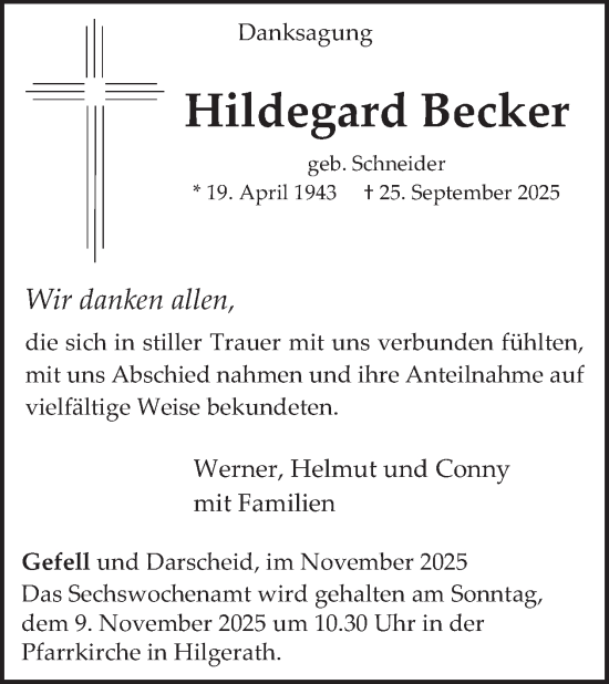 Traueranzeige von Hildegard Becker von WochenSpiegel
