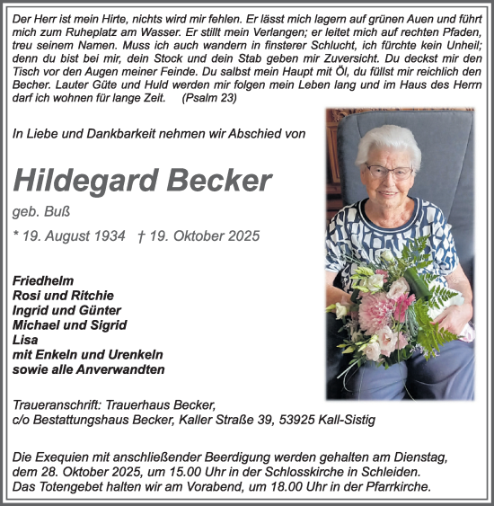 Traueranzeige von Hildegard Becker von WochenSpiegel