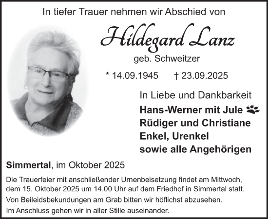 Traueranzeige von Hildegard Lanz von WochenSpiegel