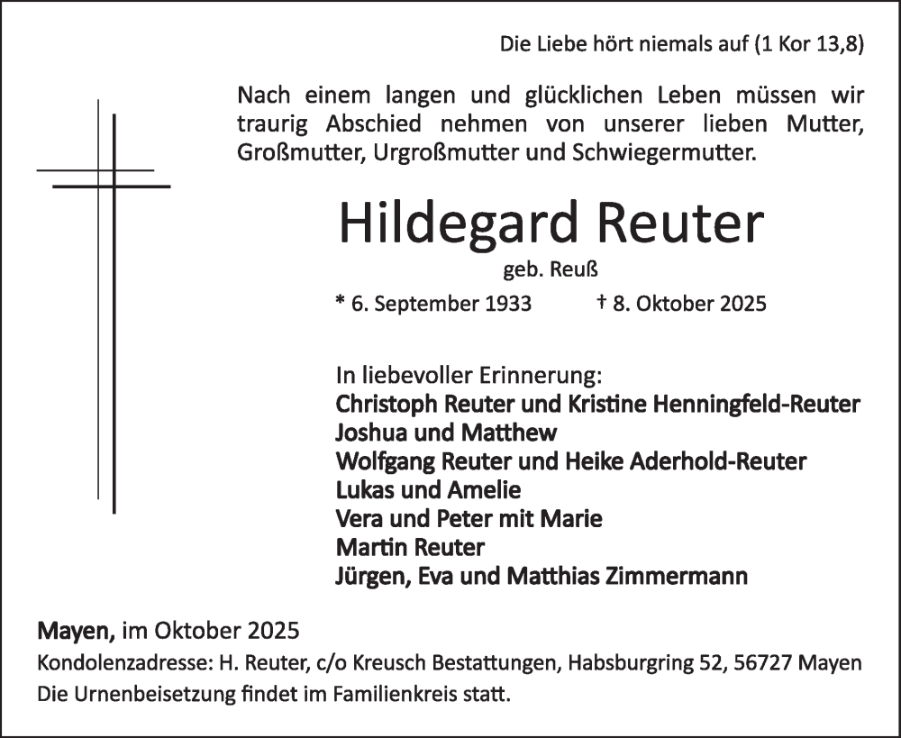  Traueranzeige für Hildegard Reuter vom 22.10.2025 aus WochenSpiegel