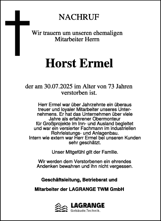 Traueranzeige von Horst Ermel von WochenSpiegel