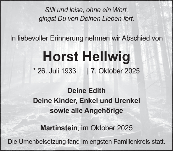 Traueranzeige von Horst Hellwig von WochenSpiegel