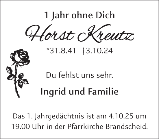 Traueranzeige von Horst Kreutz von WochenSpiegel