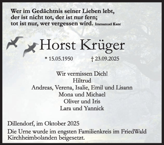 Traueranzeige von Horst Krüger von WochenSpiegel