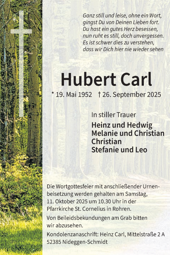 Traueranzeige von Hubert Carl von WochenSpiegel