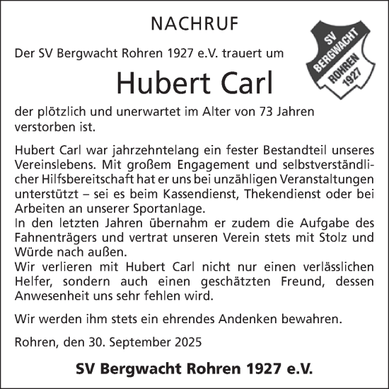 Traueranzeige von Hubert Carl von WochenSpiegel