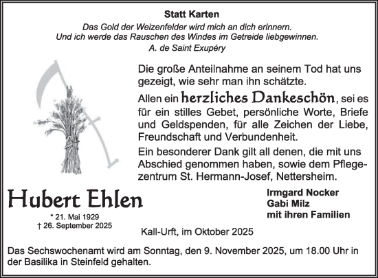 Traueranzeige von Hubert Ehlen von WochenSpiegel