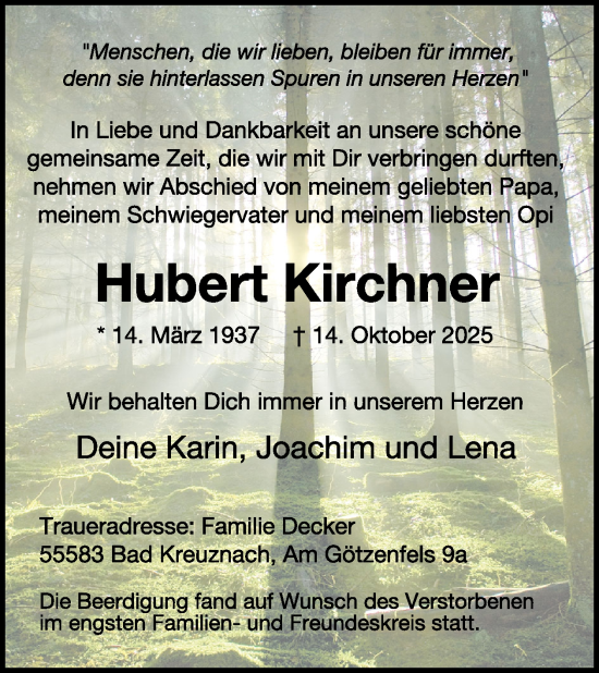 Traueranzeige von Hubert Kirchner von WochenSpiegel