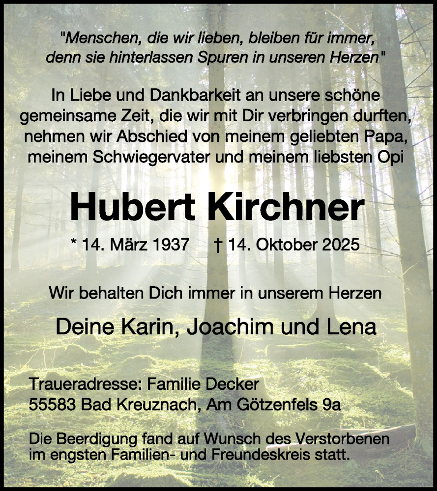  Traueranzeige für Hubert Kirchner vom 25.10.2025 aus WochenSpiegel