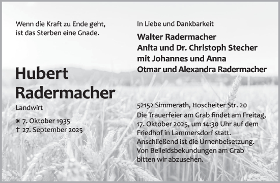 Traueranzeige von Hubert Radermacher von WochenSpiegel