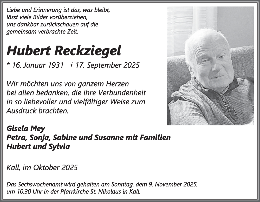  Traueranzeige für Hubert Reckziegel vom 29.10.2025 aus WochenSpiegel