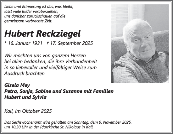 Traueranzeige von Hubert Reckziegel von WochenSpiegel