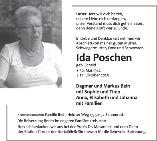 Traueranzeige von Ida Poschen von WochenSpiegel