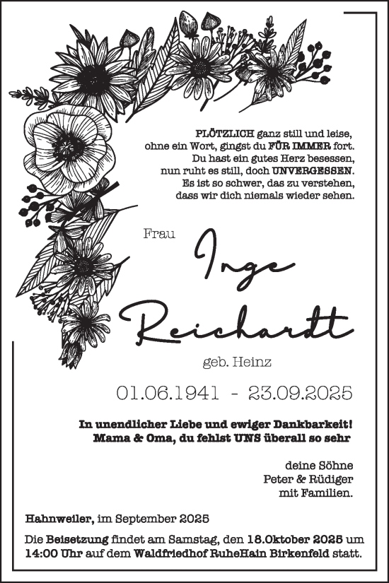 Traueranzeige von Inge Reichardt von WochenSpiegel