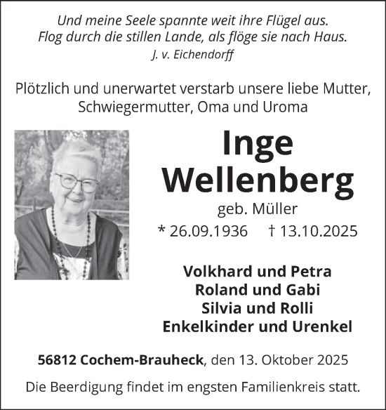 Traueranzeige von Inge Wellenberg von WochenSpiegel