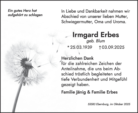 Traueranzeige von Irmgard Erbes von WochenSpiegel