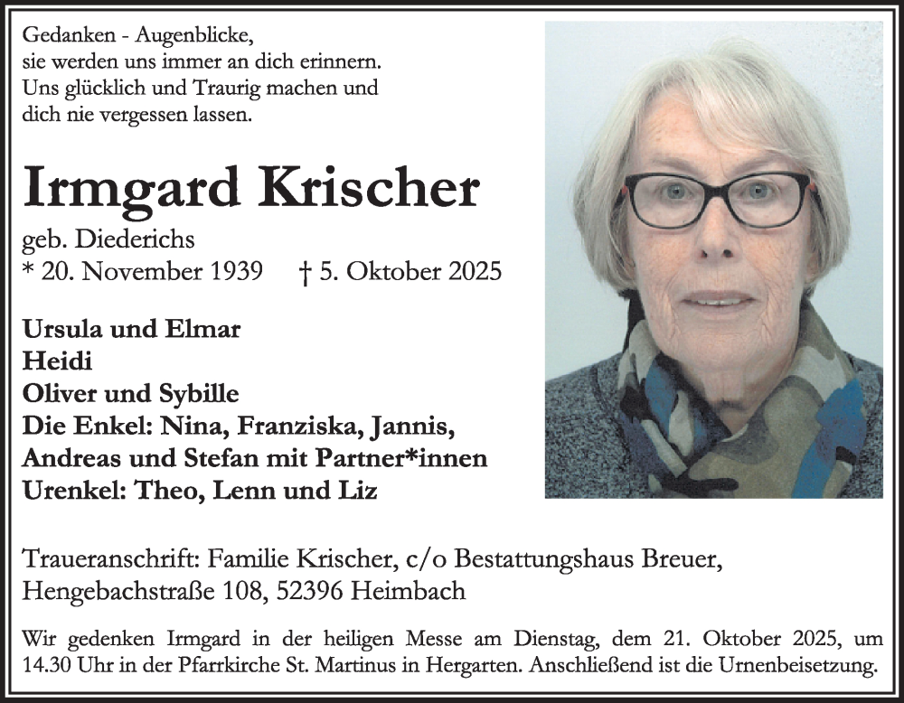  Traueranzeige für Irmgard Krischer vom 15.10.2025 aus WochenSpiegel
