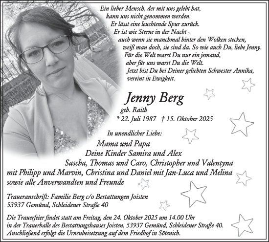 Traueranzeige von Jenny Berg von WochenSpiegel