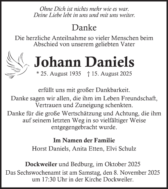 Traueranzeige von Johann Daniels von WochenSpiegel