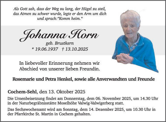 Traueranzeige von Johanna Horn von WochenSpiegel