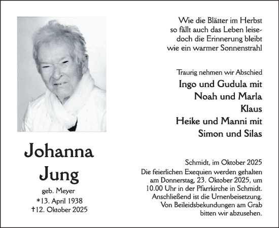 Traueranzeige von Johanna Jung von WochenSpiegel