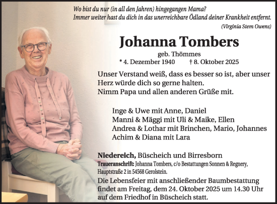 Traueranzeige von Johanna Tombers von WochenSpiegel
