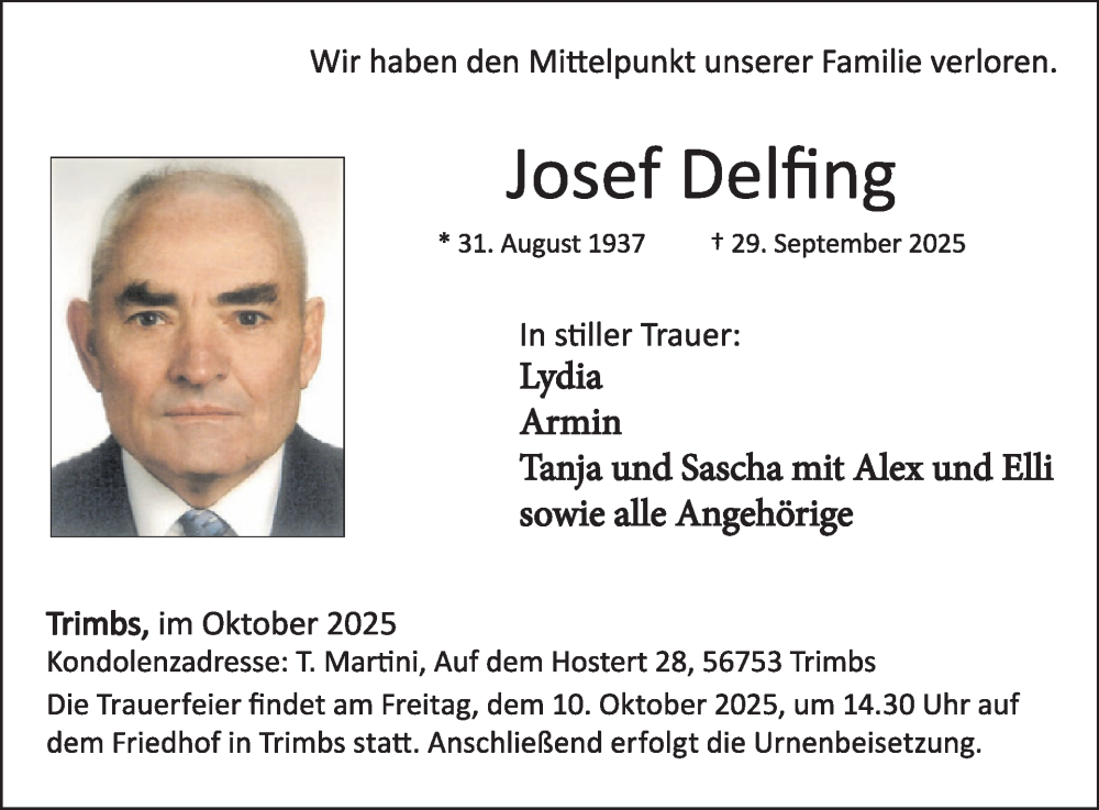  Traueranzeige für Josef Delfing vom 08.10.2025 aus WochenSpiegel
