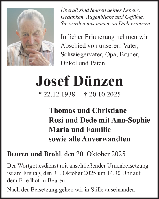 Traueranzeige von Josef Dünzen von WochenSpiegel