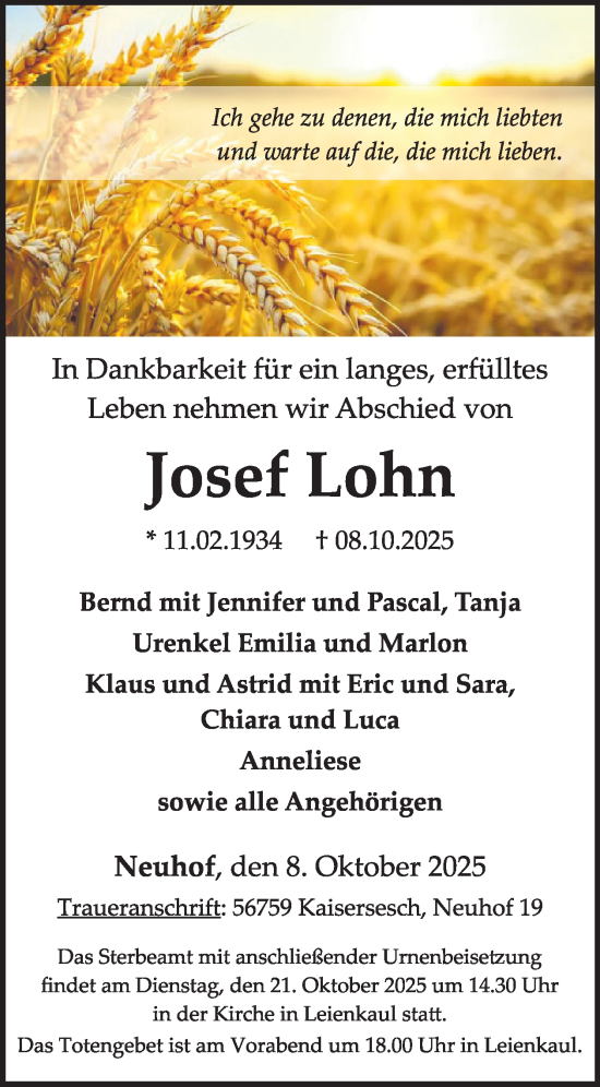 Traueranzeige von Josef Lohn von WochenSpiegel