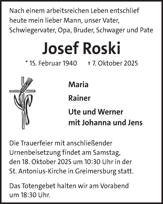 Traueranzeige von Josef Roski von WochenSpiegel