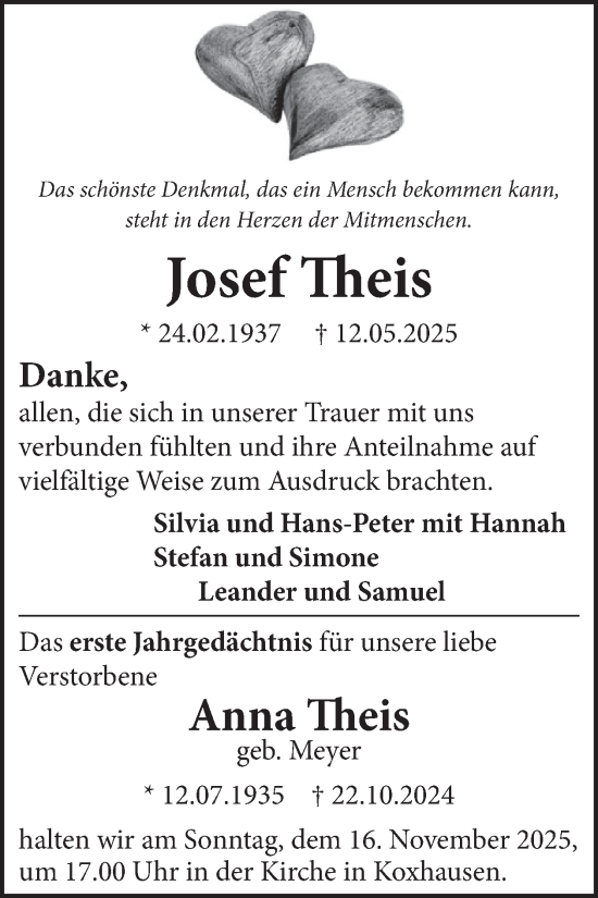 Traueranzeige von Josef Theis von WochenSpiegel
