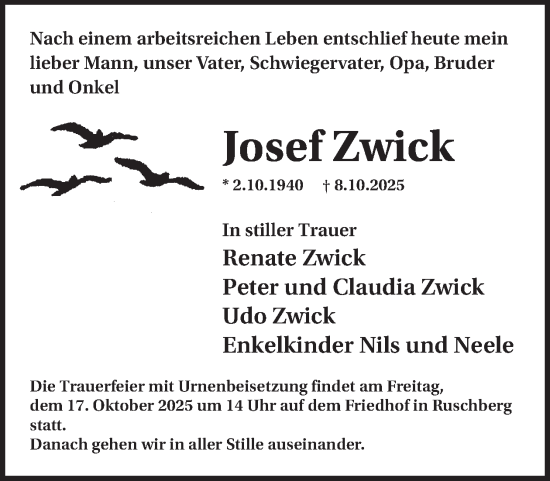 Traueranzeige von Josef Zwick von WochenSpiegel