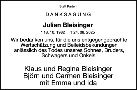 Traueranzeige von Julian Bleisinger von WochenSpiegel