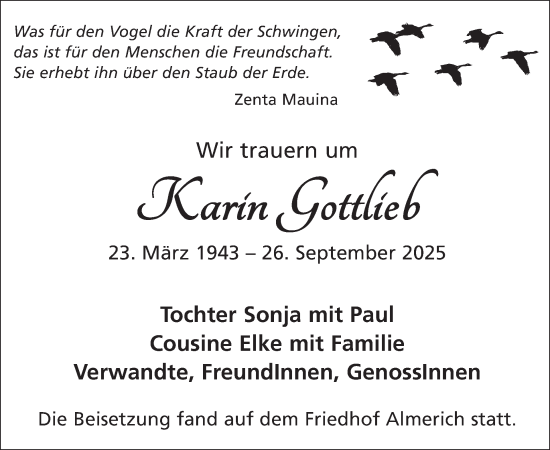 Traueranzeige von Karin Gottlieb von WochenSpiegel
