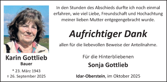 Traueranzeige von Karin Gottlieb von WochenSpiegel