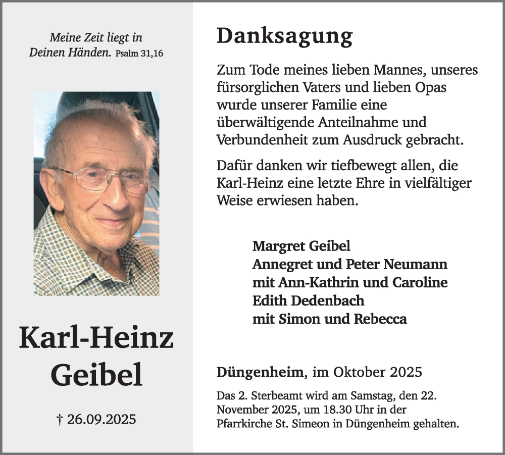  Traueranzeige für Karl-Heinz Geibel vom 22.10.2025 aus WochenSpiegel