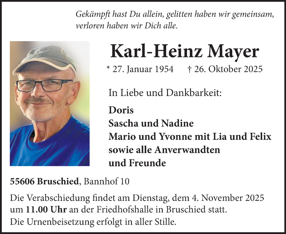  Traueranzeige für Karl-Heinz Mayer vom 31.10.2025 aus WochenSpiegel