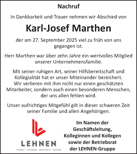 Traueranzeige von Karl-Josef Marthen von WochenSpiegel