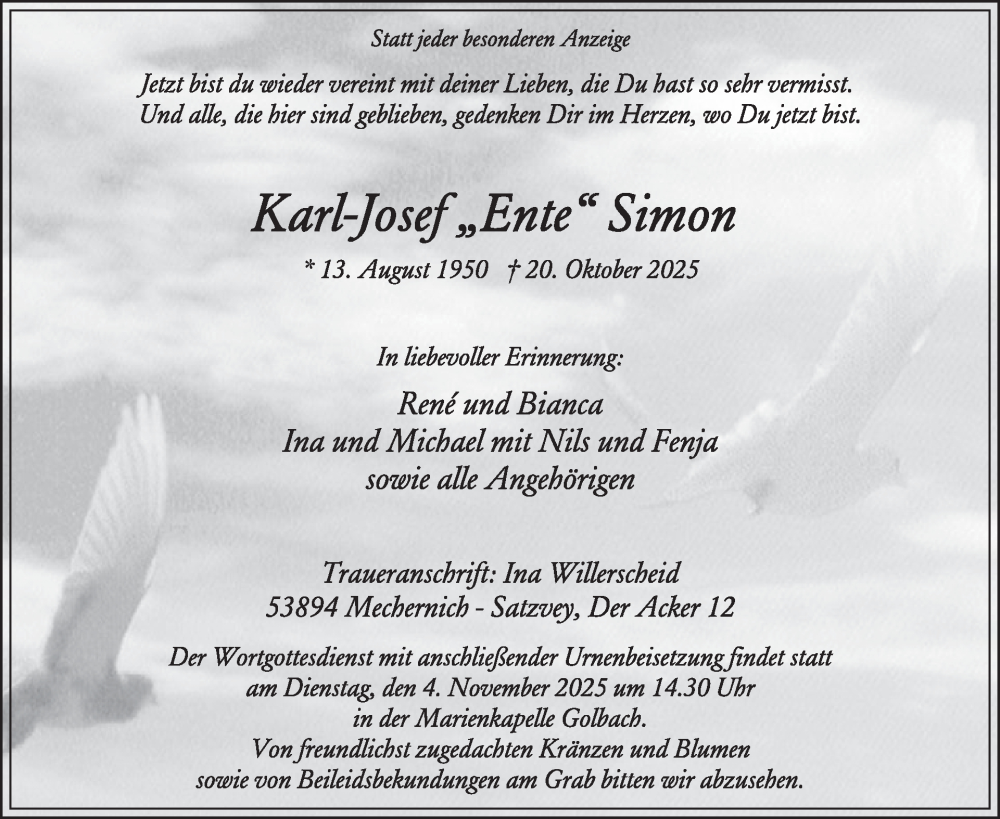  Traueranzeige für Karl-Josef Simon vom 29.10.2025 aus WochenSpiegel
