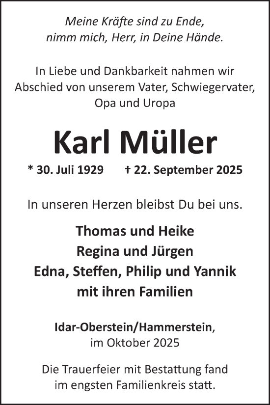 Traueranzeige von Karl Müller von WochenSpiegel