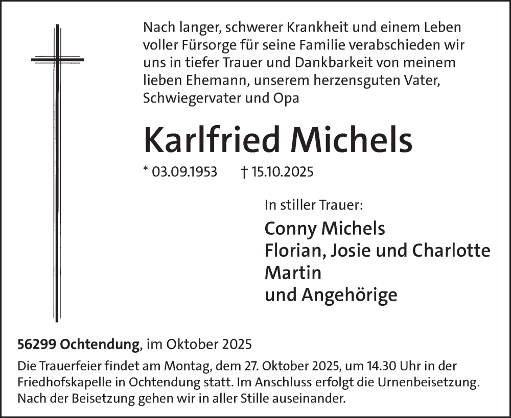  Traueranzeige für Karlfried Michels vom 22.10.2025 aus WochenSpiegel
