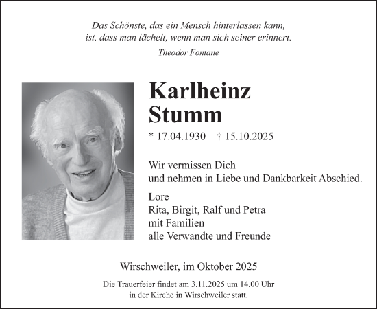 Traueranzeige von Karlheinz Stumm von WochenSpiegel