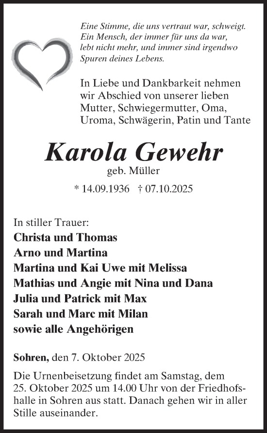Traueranzeige von Karola Gewehr von WochenSpiegel