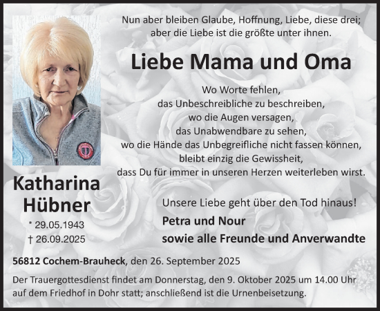 Traueranzeige von Katharina Hübner von WochenSpiegel