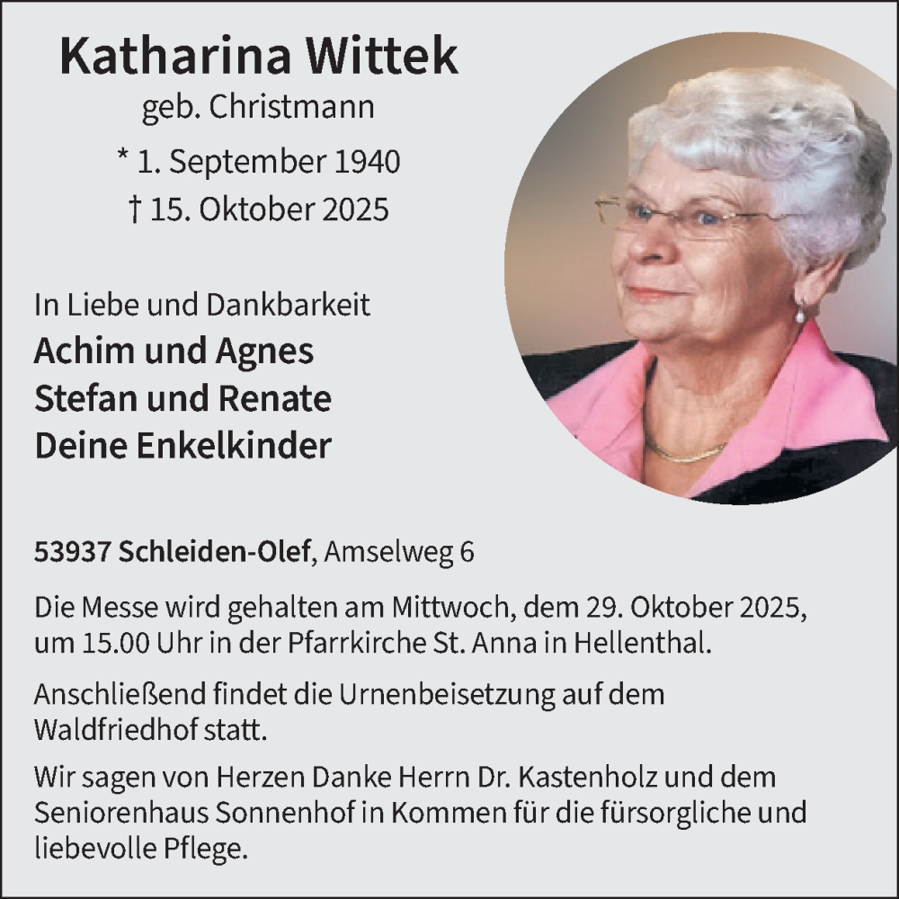  Traueranzeige für Katharina Wittek vom 22.10.2025 aus WochenSpiegel