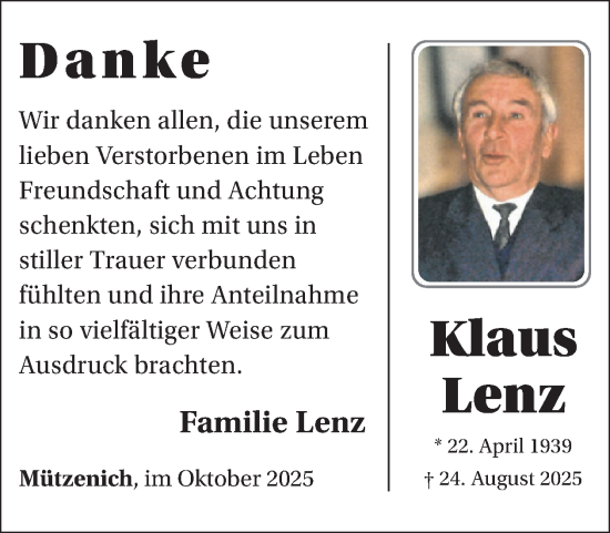 Traueranzeige von Klaus Lenz von WochenSpiegel