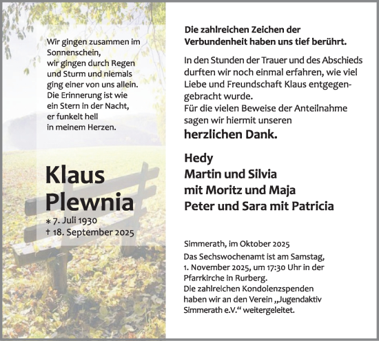 Traueranzeige von Klaus Plewnia von WochenSpiegel